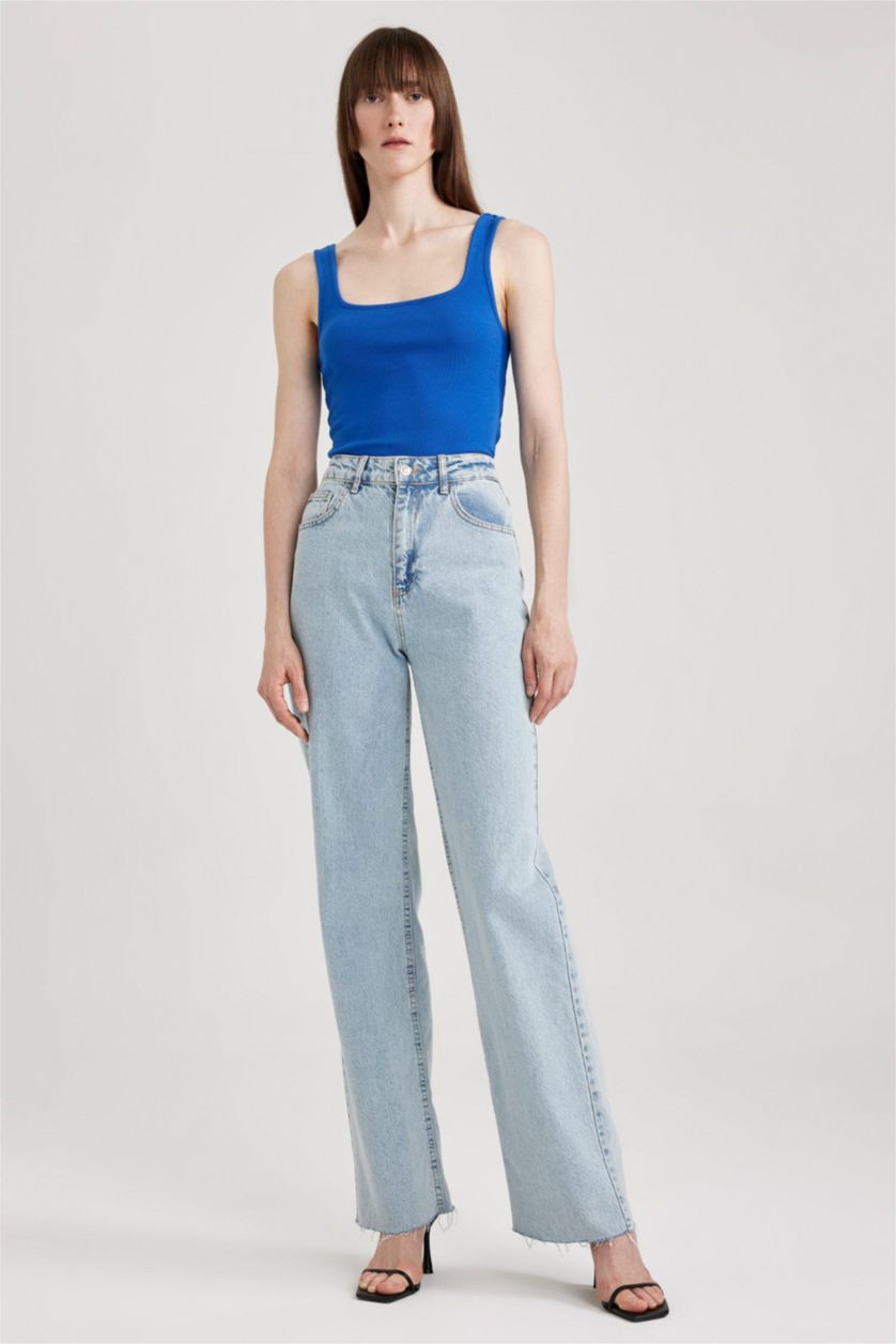 FEMME Bleu Débardeur Slim côtelé à col carré