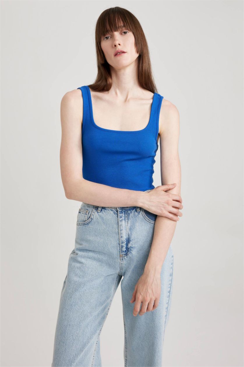 FEMME Bleu Débardeur Slim côtelé à col carré