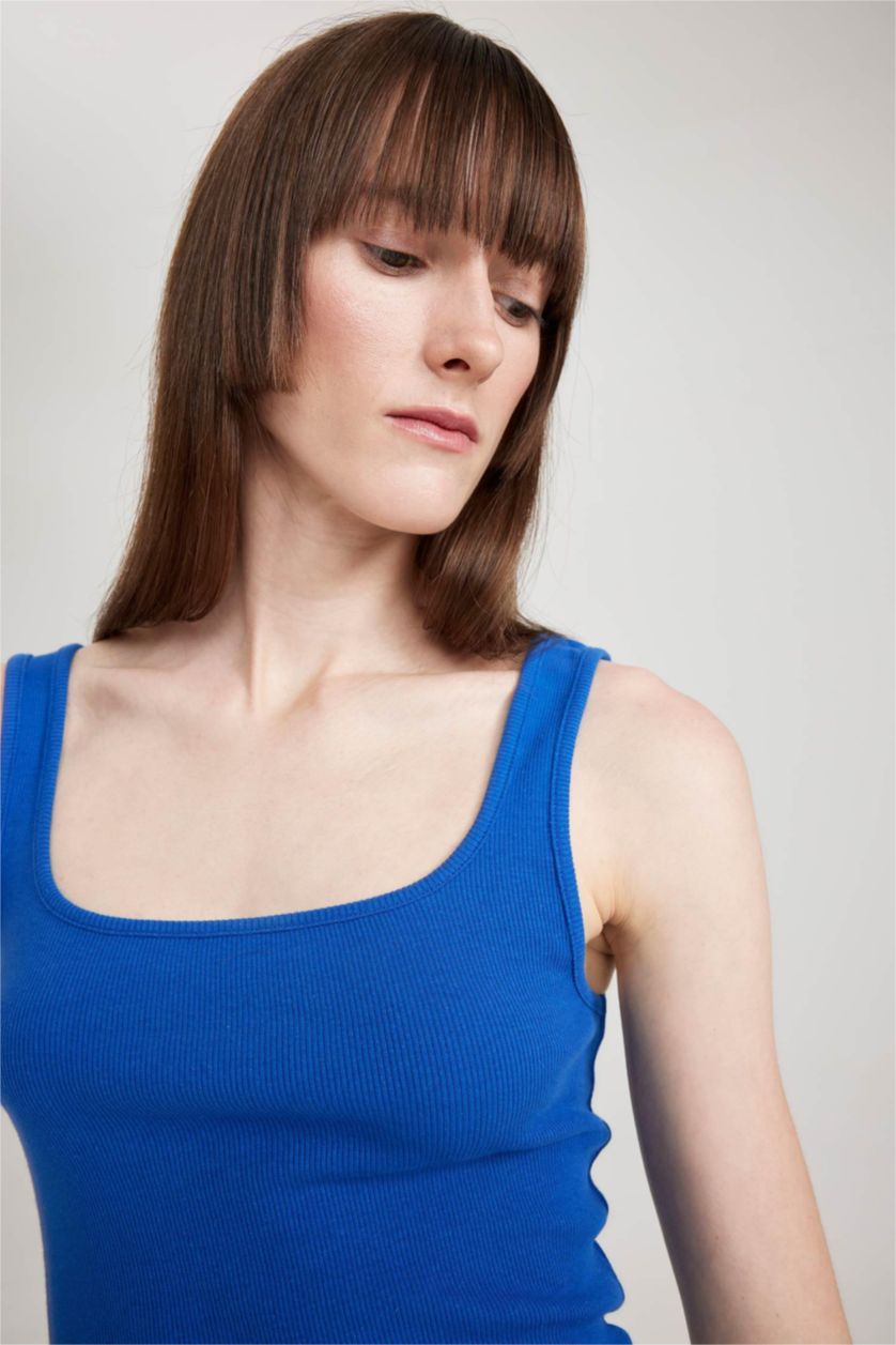 FEMME Bleu Débardeur Slim côtelé à col carré