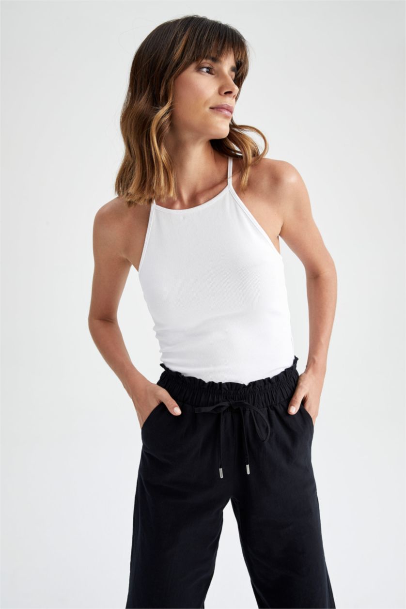 Women White Slim Fit Halter Collar Cotton Camisole Singlet