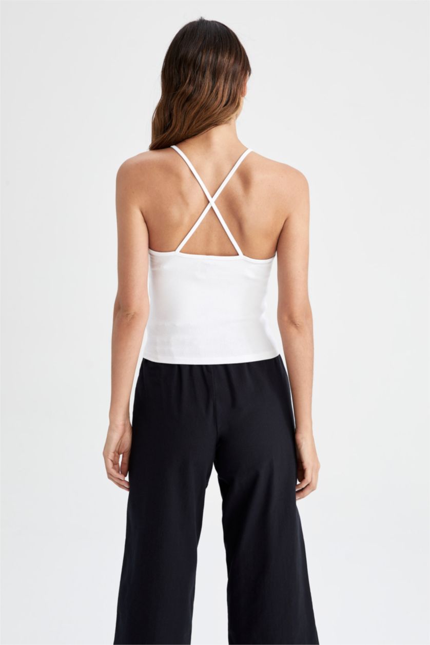 Women White Slim Fit Halter Collar Cotton Camisole Singlet