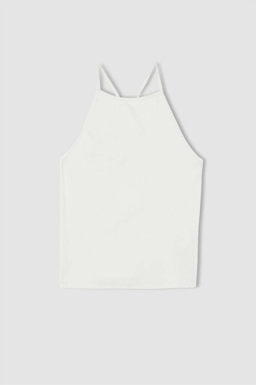 Women White Slim Fit Halter Collar Cotton Camisole Singlet