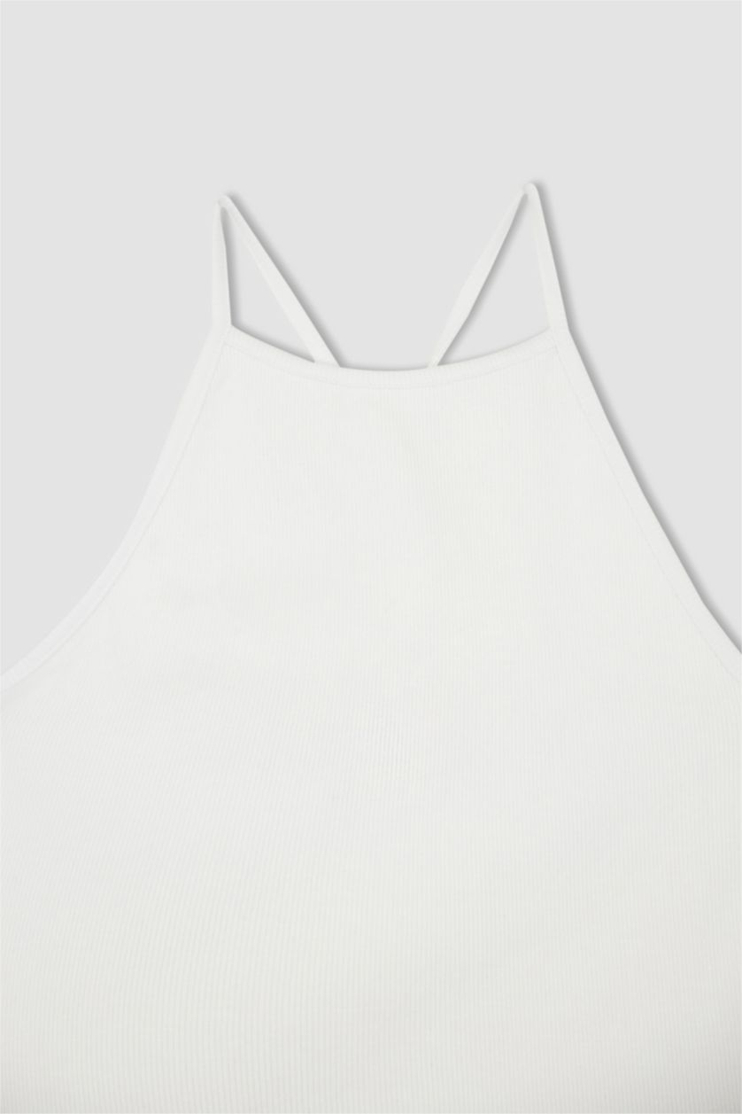 Women White Slim Fit Halter Collar Cotton Camisole Singlet
