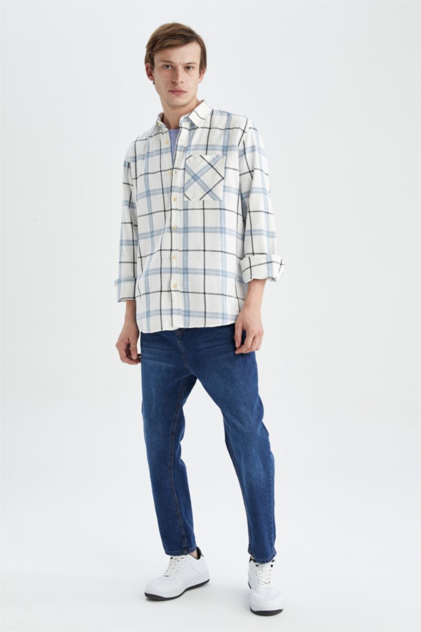 رجالي أزرق قميص بولو قطن بوبلين قصة عادية مطبوع