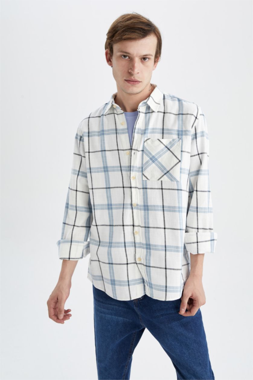 رجالي أزرق قميص بولو قطن بوبلين قصة عادية مطبوع