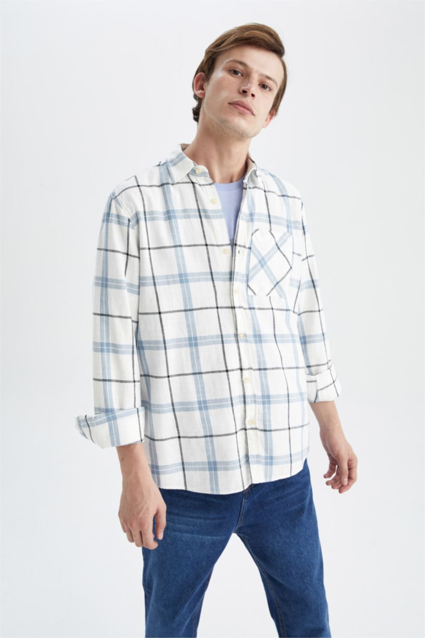 رجالي أزرق قميص بولو قطن بوبلين قصة عادية مطبوع