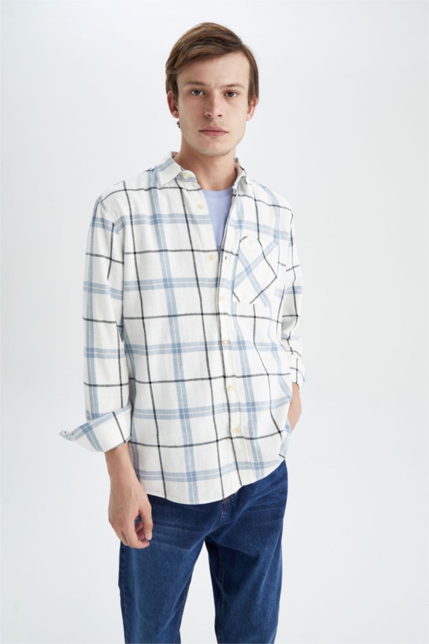 رجالي أزرق قميص بولو قطن بوبلين قصة عادية مطبوع