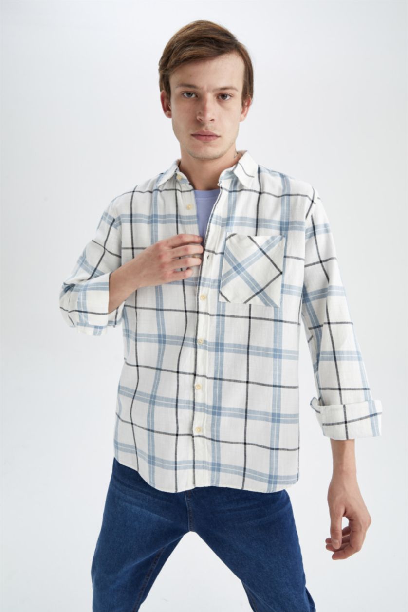 رجالي أزرق قميص بولو قطن بوبلين قصة عادية مطبوع