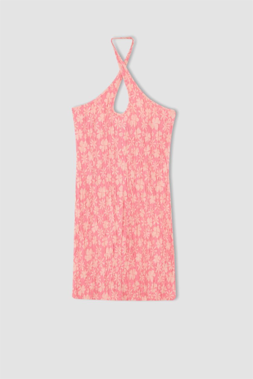 FEMME Rose Mini-robe à manches courtes à fleurs et col cache-cœur moulant