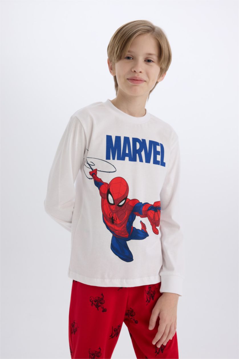 Erkek Çocuk - Genç Erkek Beyaz Pijama Takımı Marvel Spiderman Uzun Kollu Üst Uzun Alt Erkek Çocuk