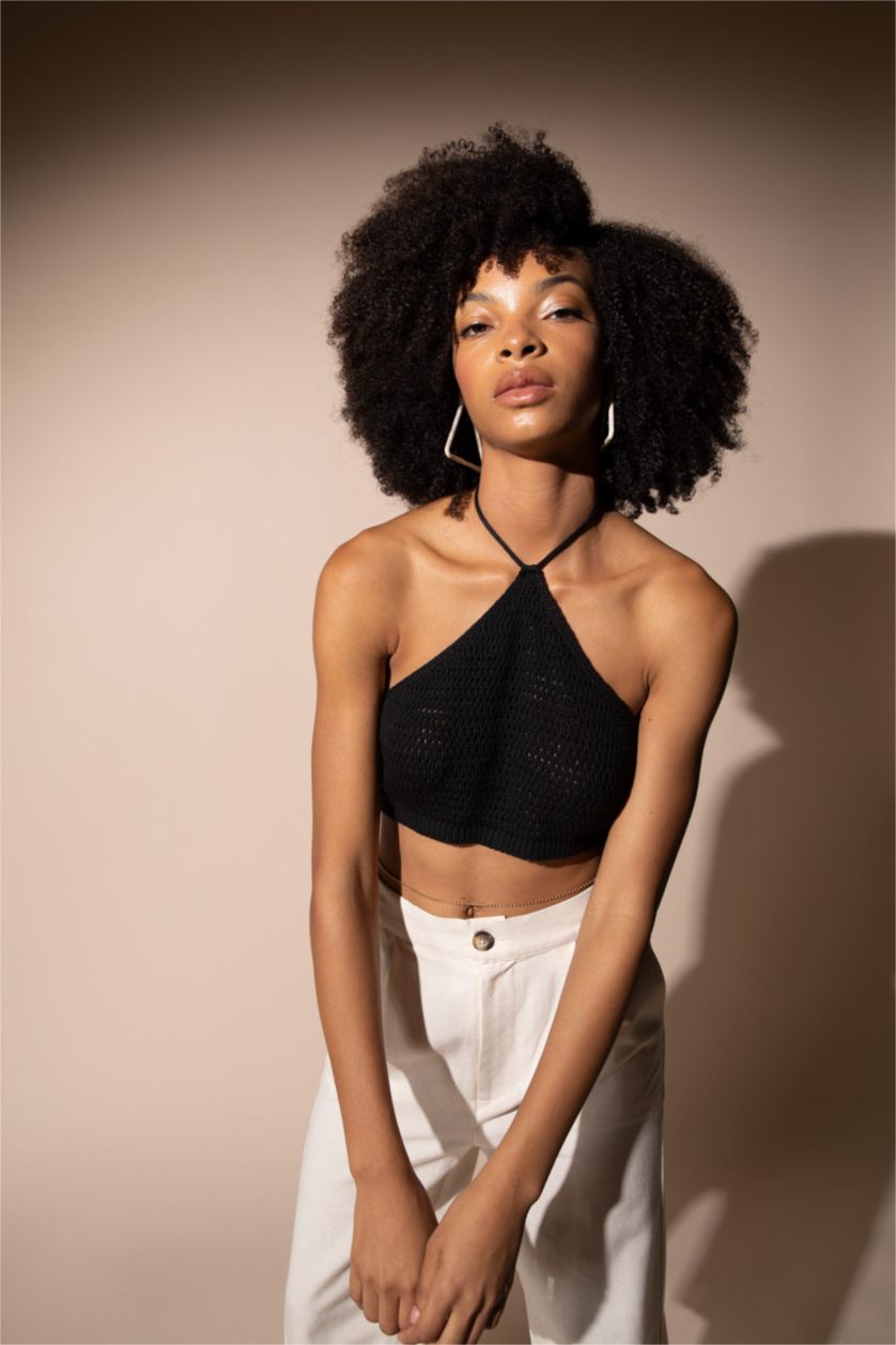 Женщины Черный Кроп топ с завязками на шее