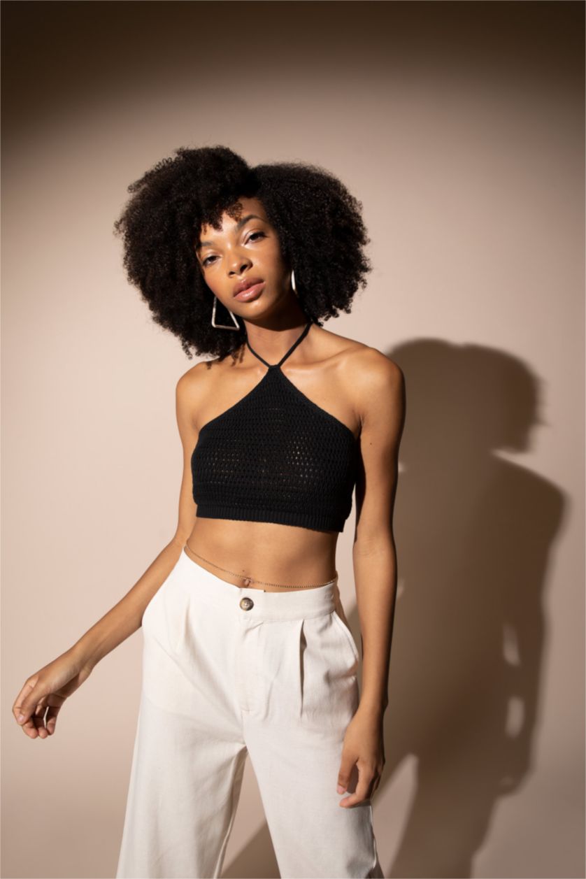 Женщины Черный Кроп топ с завязками на шее