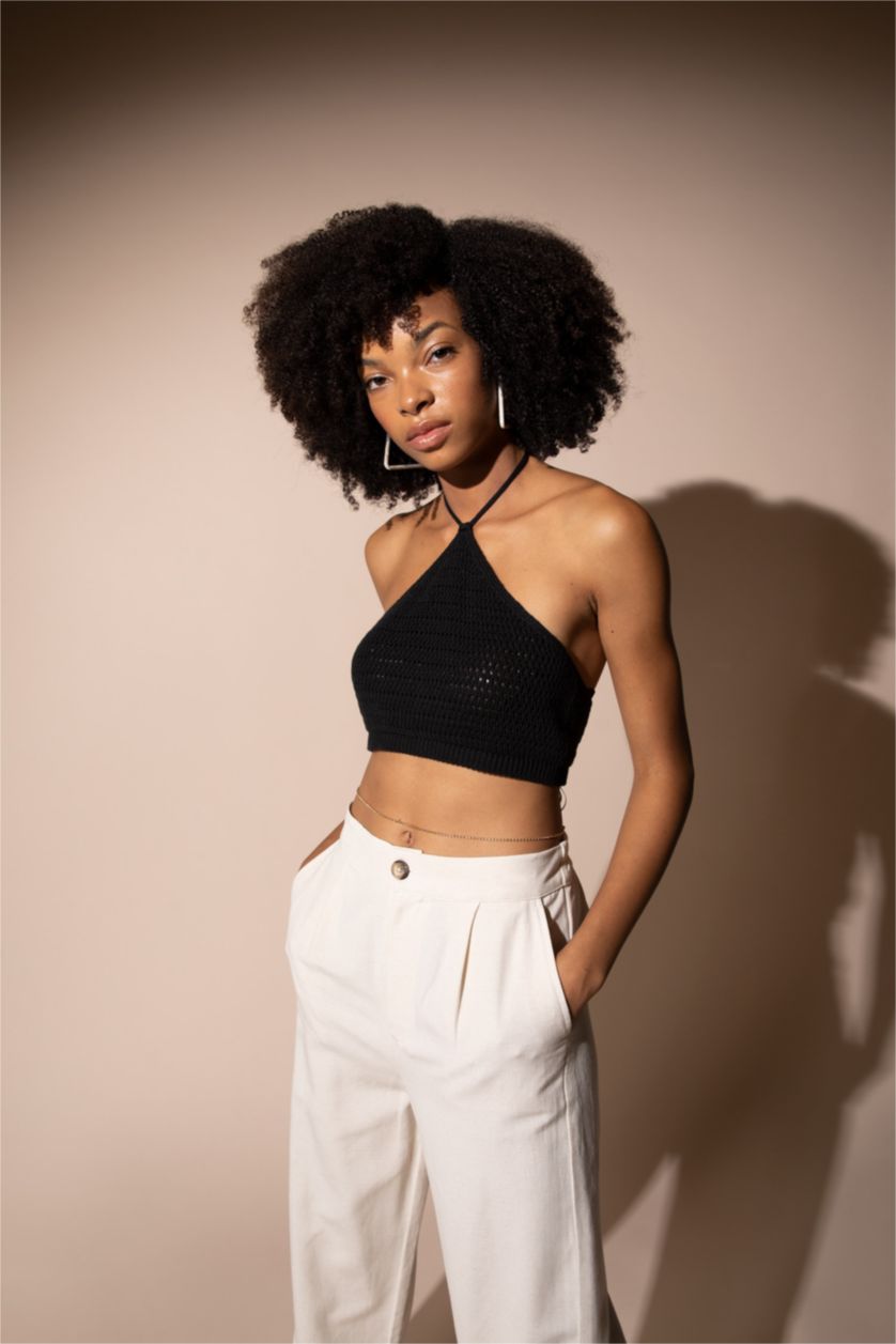 Женщины Черный Кроп топ с завязками на шее