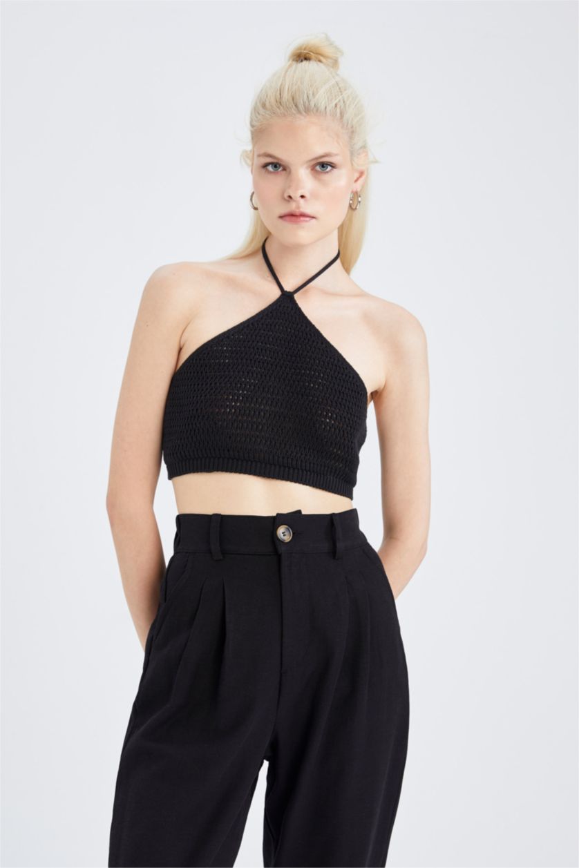 Женщины Черный Кроп топ с завязками на шее