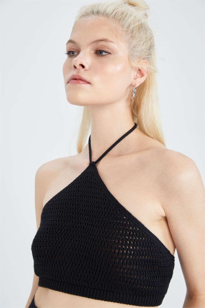 Женщины Черный Кроп топ с завязками на шее