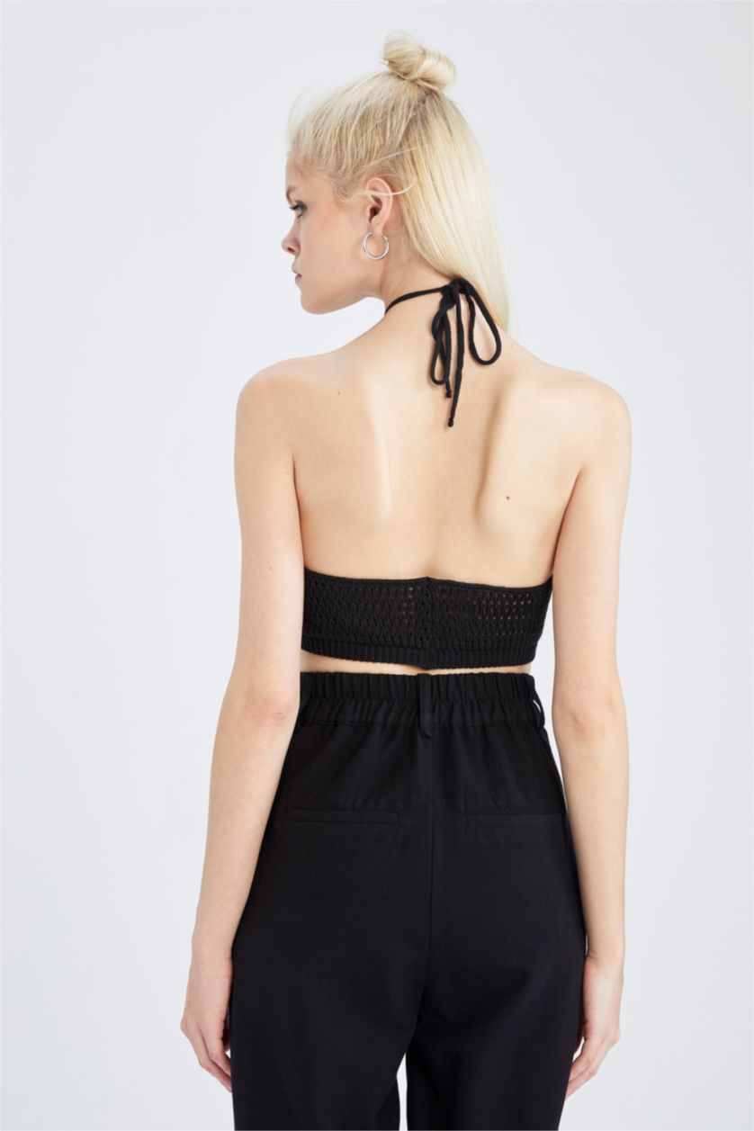 Женщины Черный Кроп топ с завязками на шее