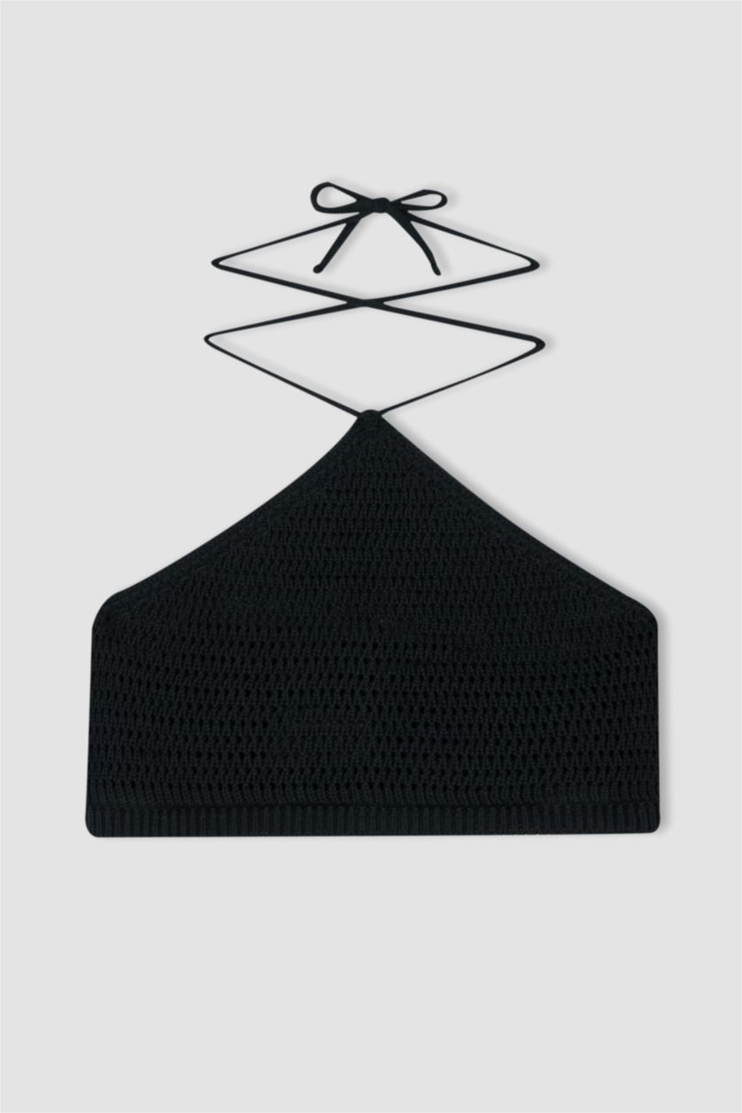 Женщины Черный Кроп топ с завязками на шее