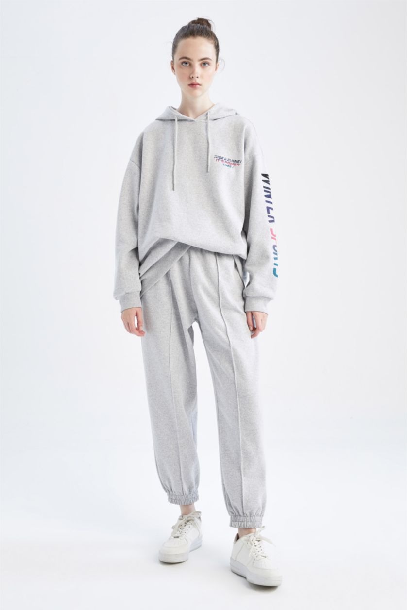 Woman Grey Melange Oversize Fit Thick Sweatshirt Fabric Sweatshirt