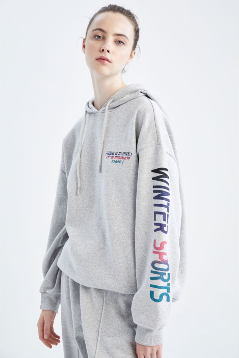 Woman Grey Melange Oversize Fit Thick Sweatshirt Fabric Sweatshirt