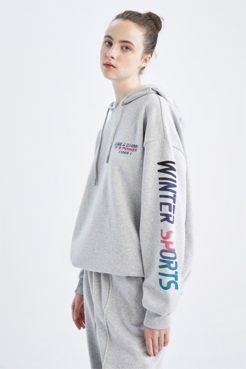 Woman Grey Melange Oversize Fit Thick Sweatshirt Fabric Sweatshirt