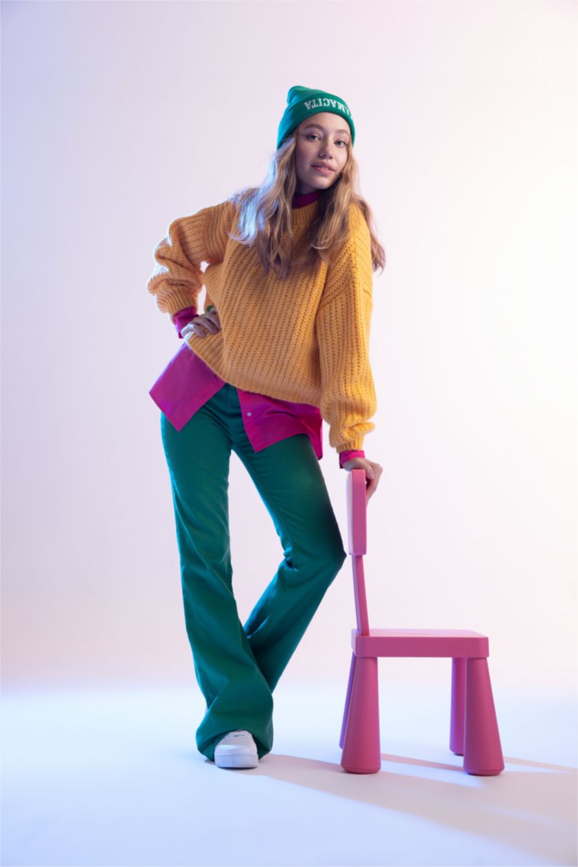 WOMAN Green Long Length Gabardine Trousers with Flared Leg Pockets