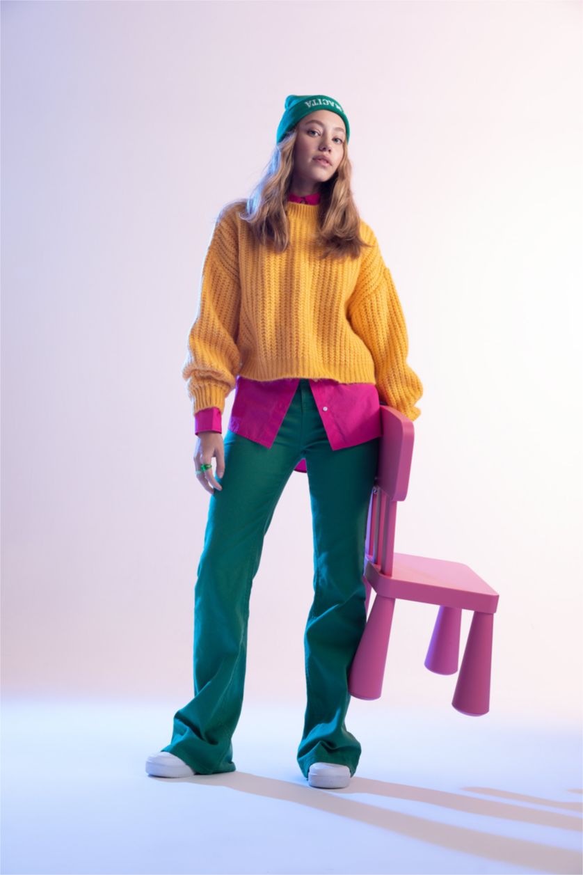 WOMAN Green Long Length Gabardine Trousers with Flared Leg Pockets