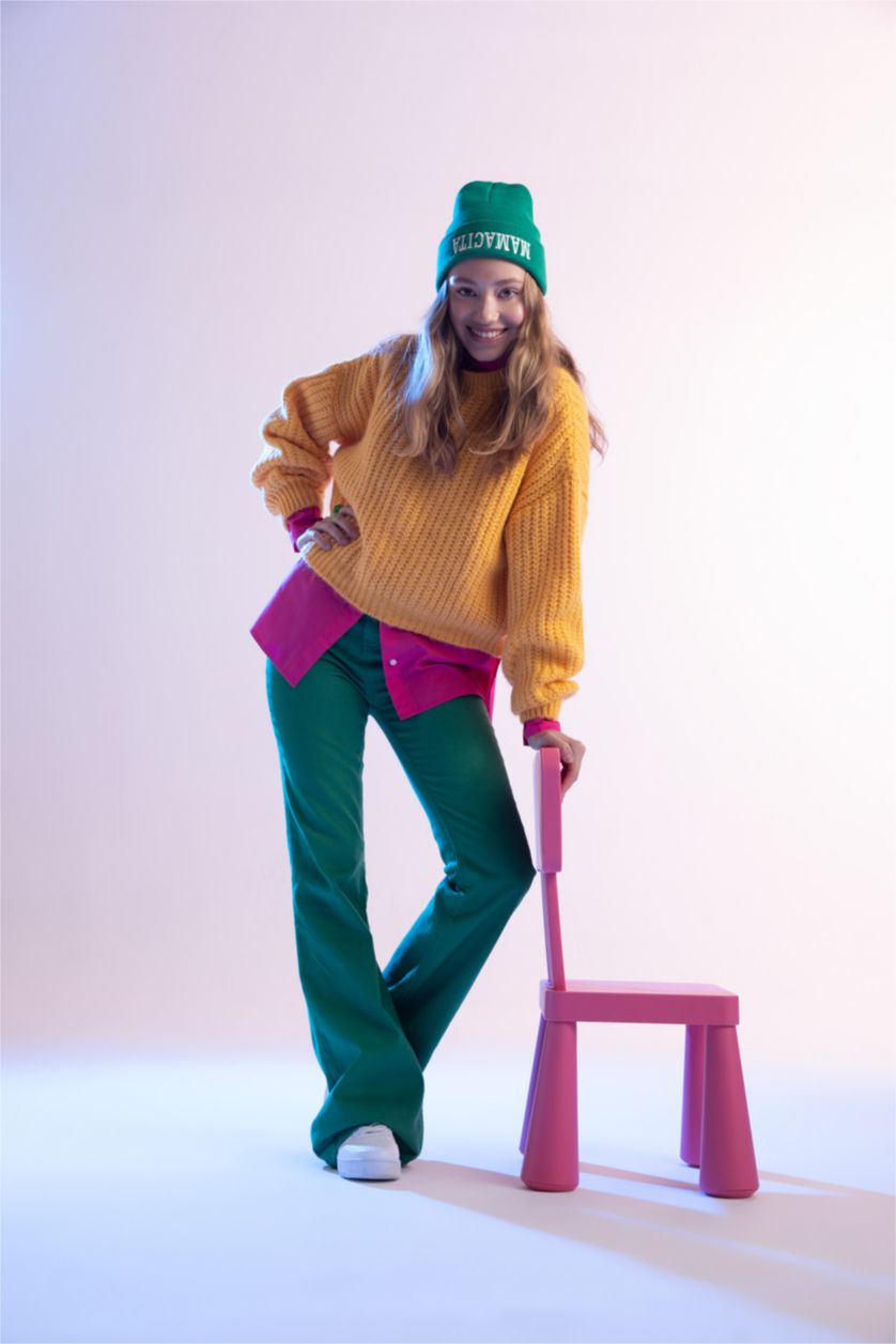 WOMAN Green Long Length Gabardine Trousers with Flared Leg Pockets