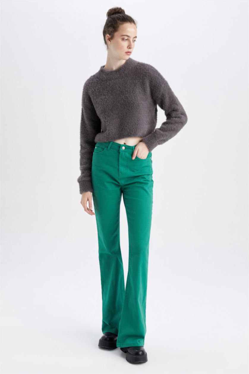 WOMAN Green Long Length Gabardine Trousers with Flared Leg Pockets