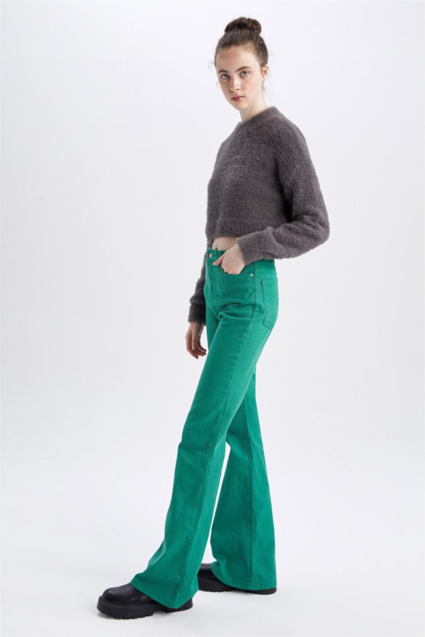 WOMAN Green Long Length Gabardine Trousers with Flared Leg Pockets