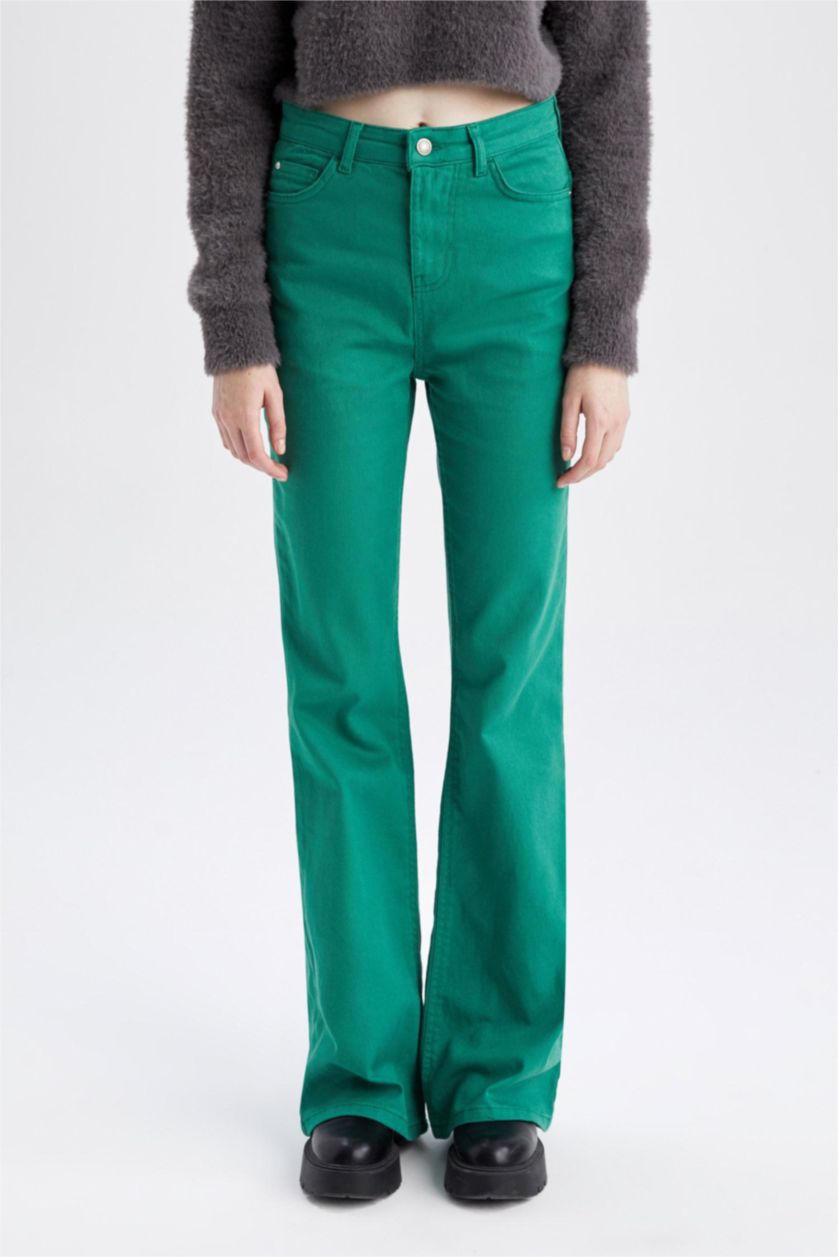 WOMAN Green Long Length Gabardine Trousers with Flared Leg Pockets