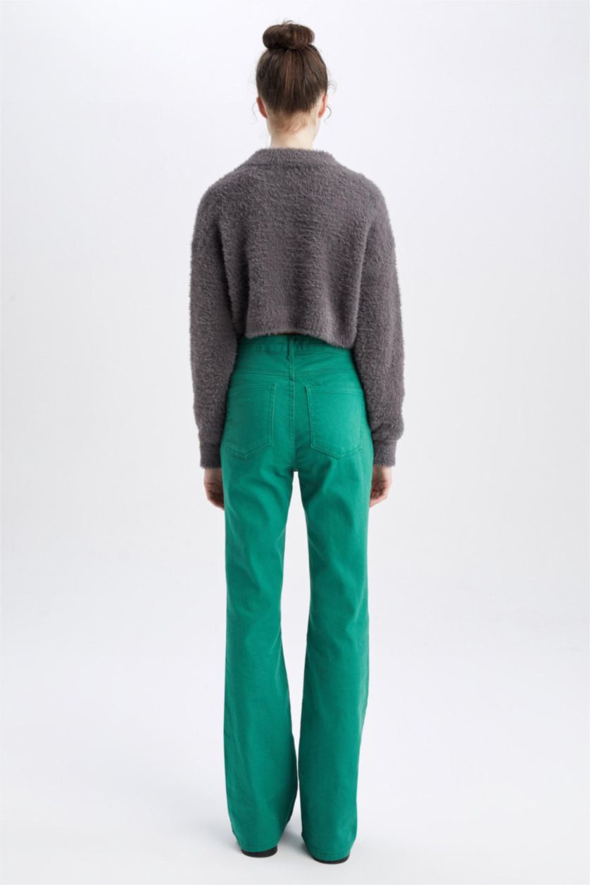 WOMAN Green Long Length Gabardine Trousers with Flared Leg Pockets