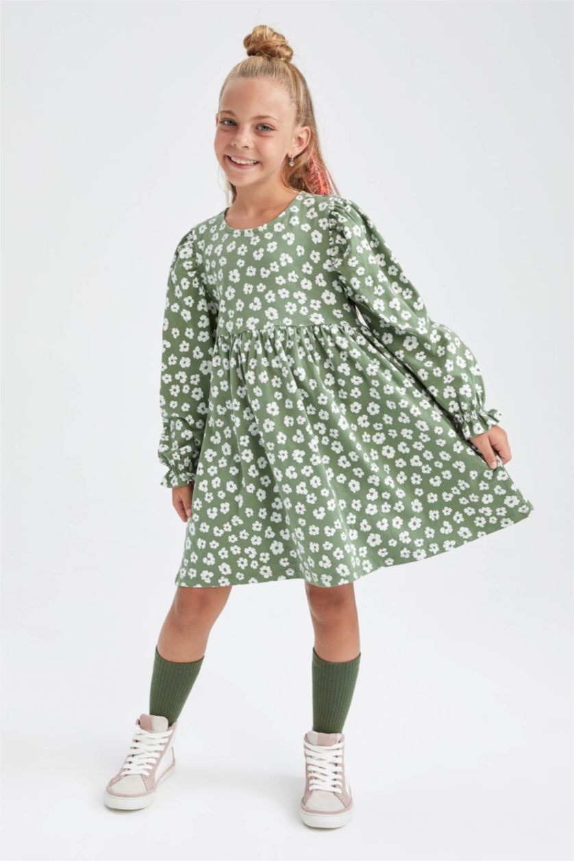 Kız Çocuk - Genç Kız Koyu Haki Kız Çocuk Bisiklet Yaka Çiçekli Uzun Kollu Elbise