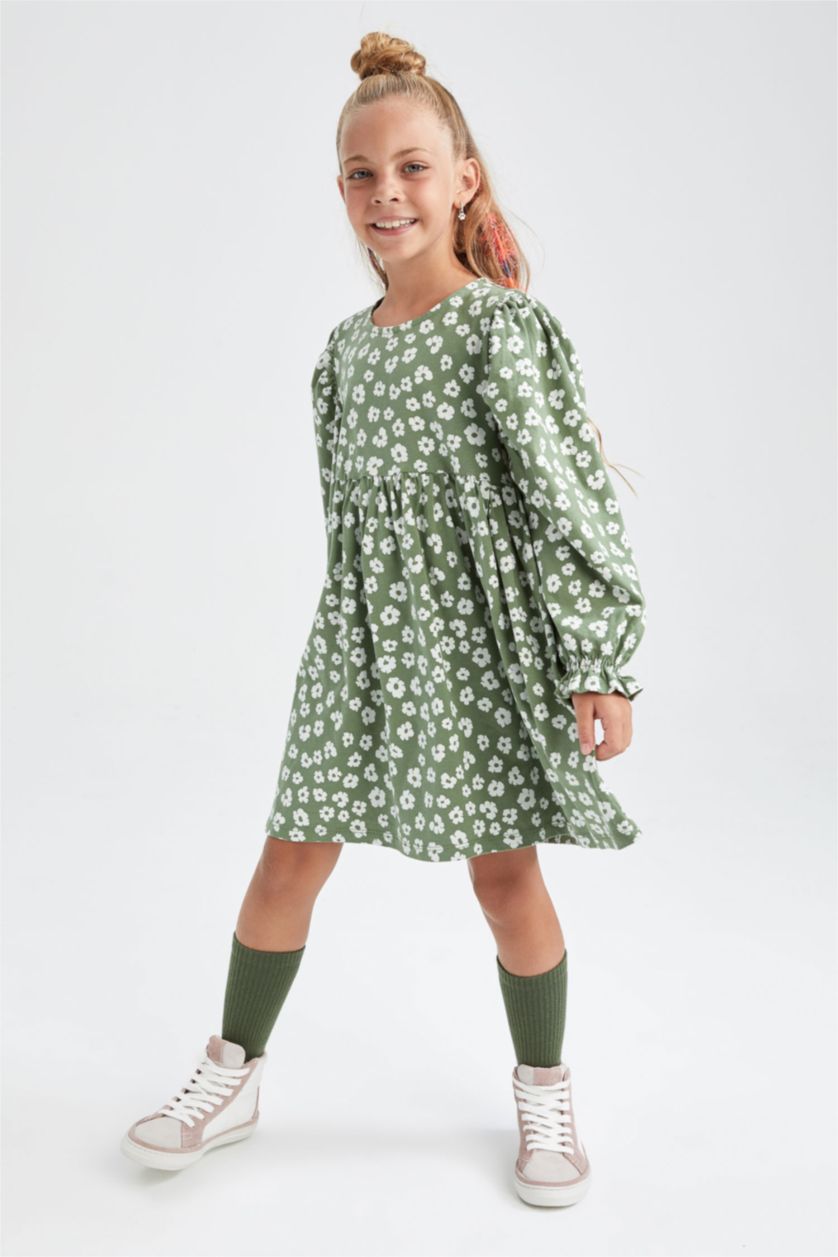 Kız Çocuk - Genç Kız Koyu Haki Kız Çocuk Bisiklet Yaka Çiçekli Uzun Kollu Elbise