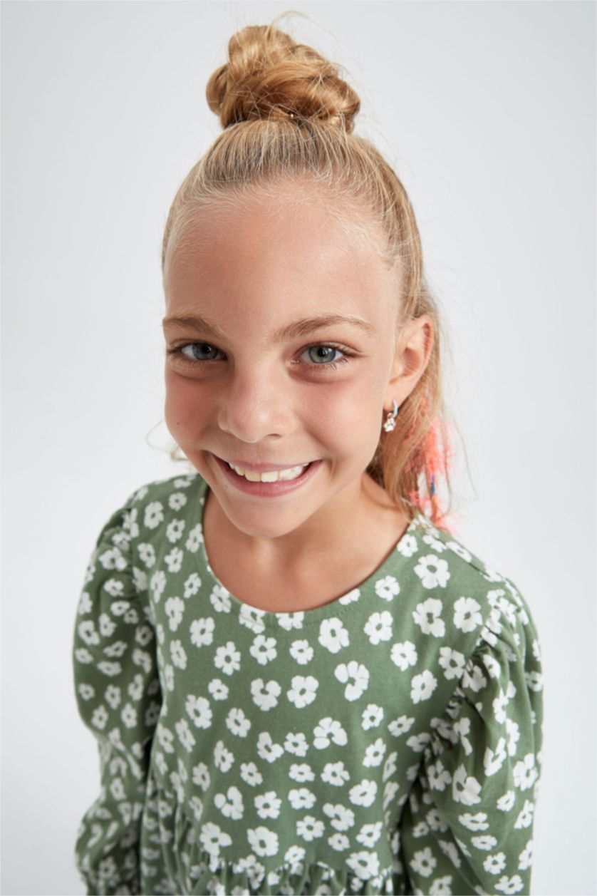 Kız Çocuk - Genç Kız Koyu Haki Kız Çocuk Bisiklet Yaka Çiçekli Uzun Kollu Elbise