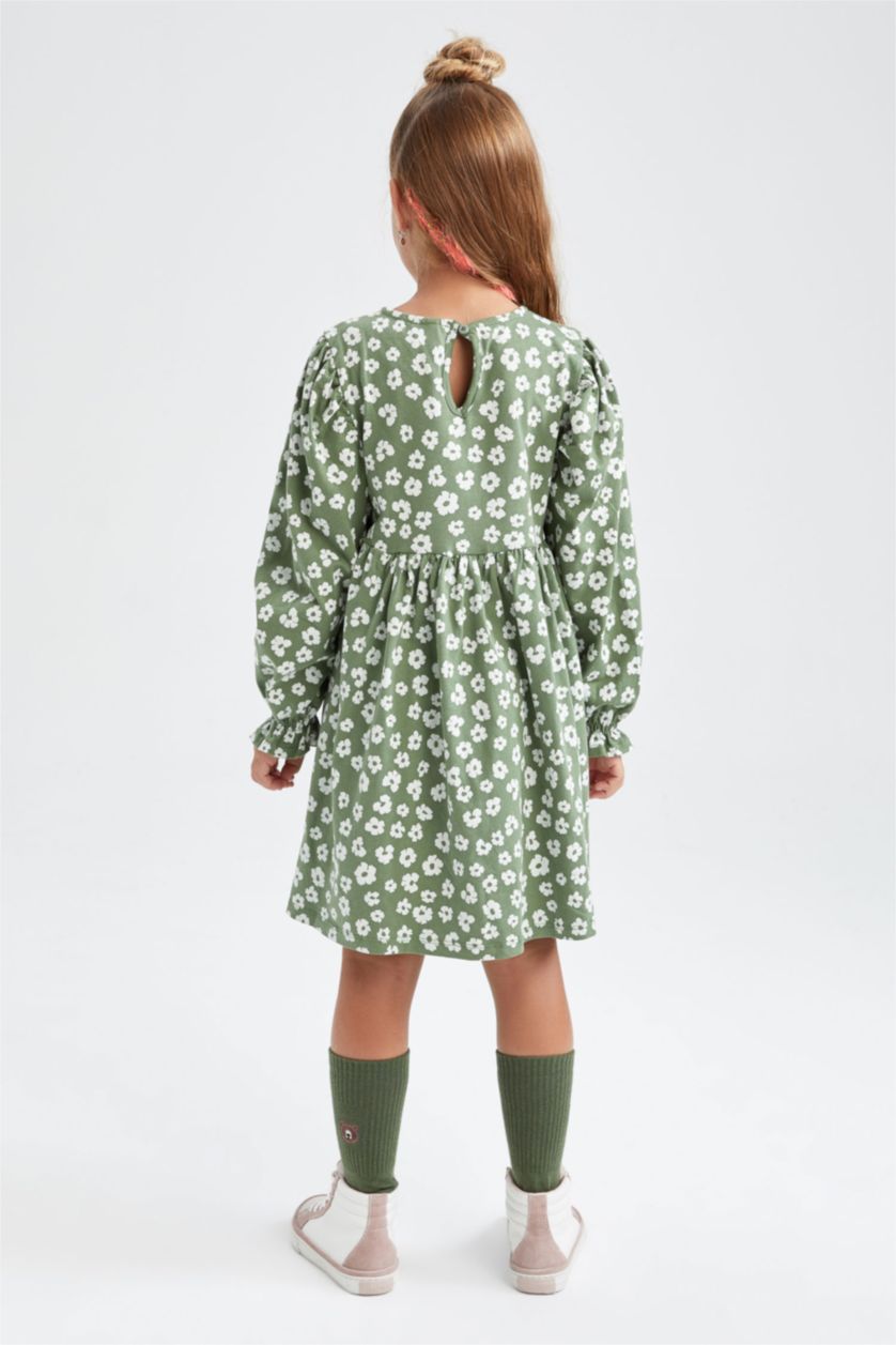 Kız Çocuk - Genç Kız Koyu Haki Kız Çocuk Bisiklet Yaka Çiçekli Uzun Kollu Elbise