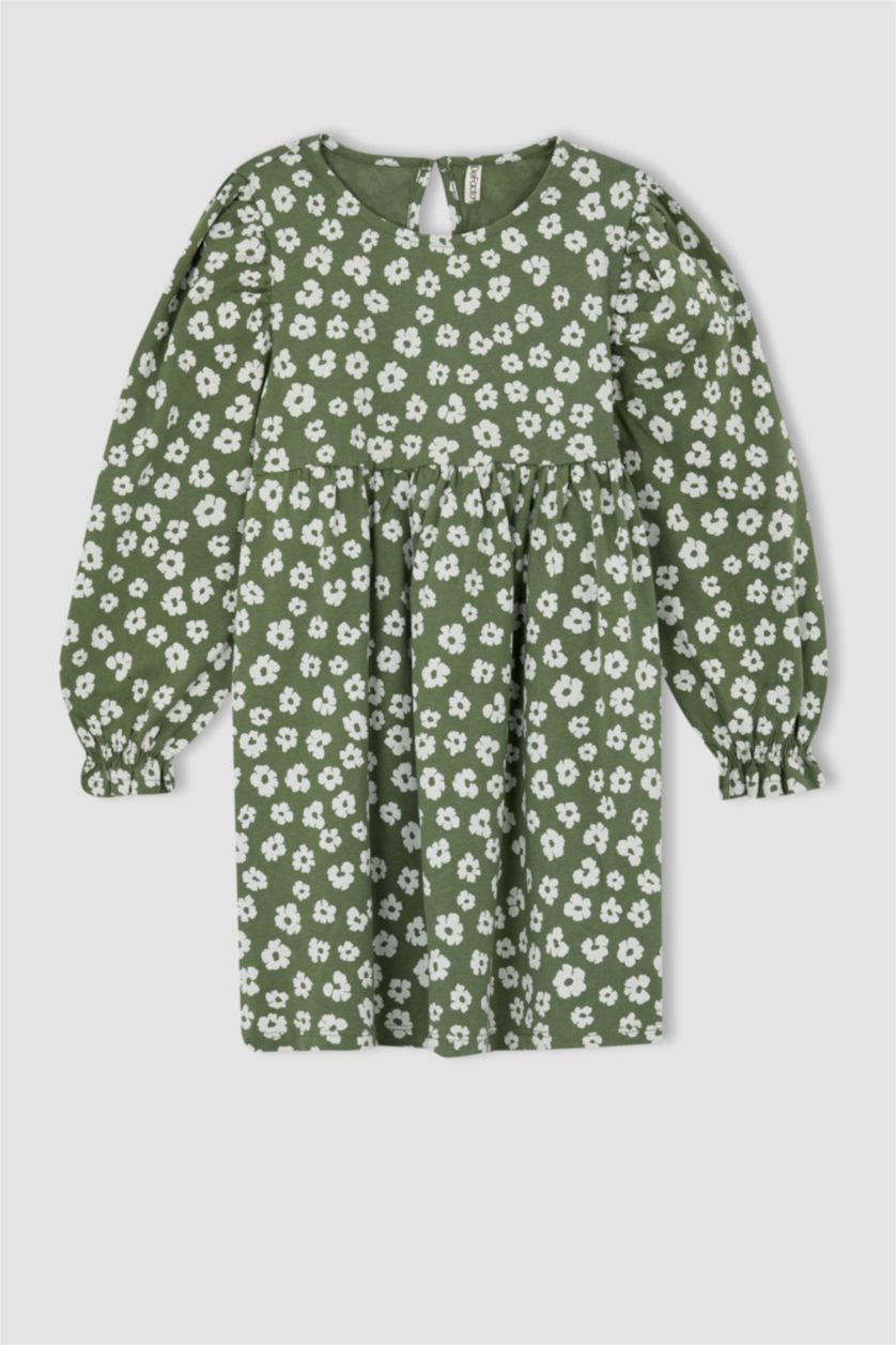 Kız Çocuk - Genç Kız Koyu Haki Kız Çocuk Bisiklet Yaka Çiçekli Uzun Kollu Elbise