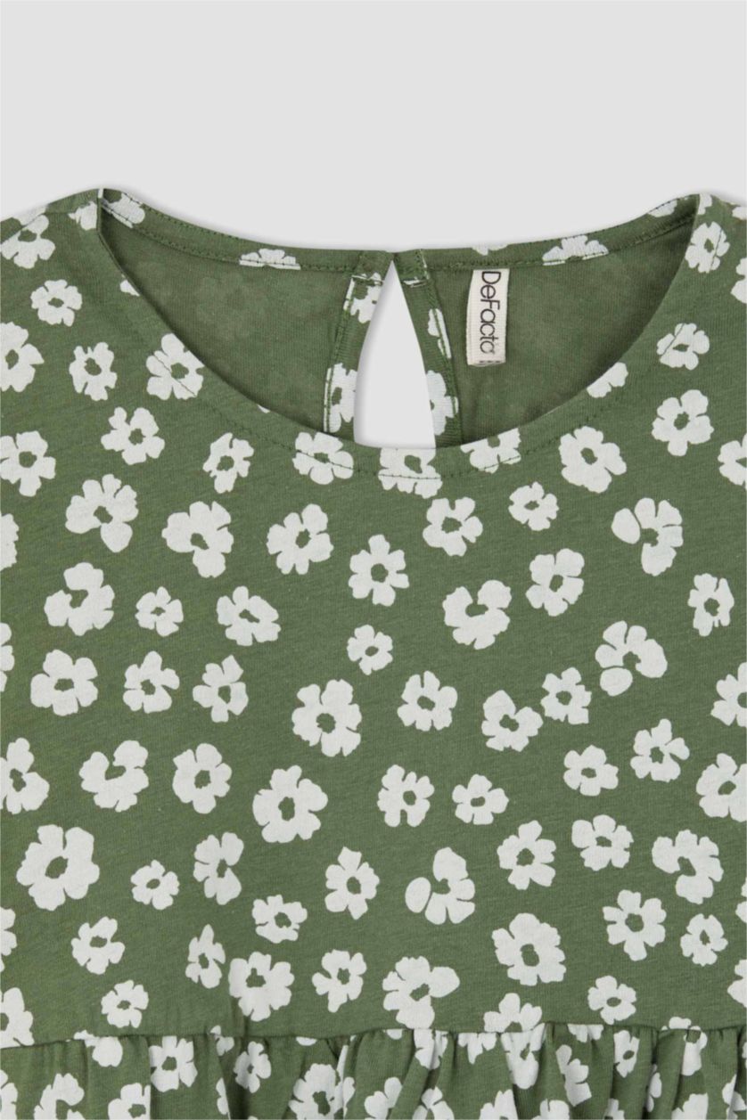 Kız Çocuk - Genç Kız Koyu Haki Kız Çocuk Bisiklet Yaka Çiçekli Uzun Kollu Elbise