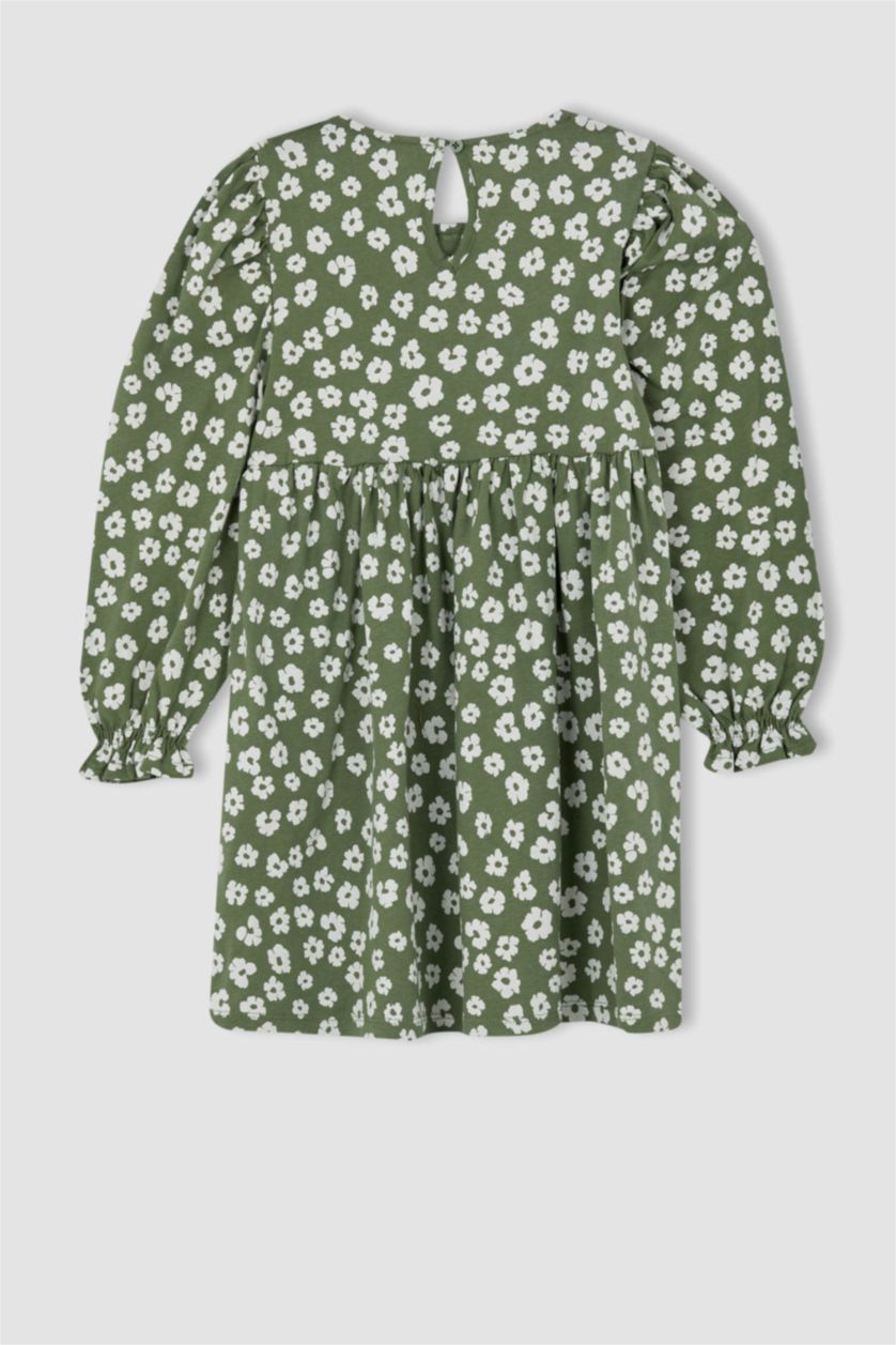 Kız Çocuk - Genç Kız Koyu Haki Kız Çocuk Bisiklet Yaka Çiçekli Uzun Kollu Elbise