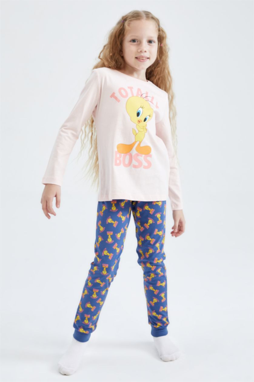 بنات زهري فاتح طقم بيجاما بناتي بقصة عادية مرخص من Looney Tunes - قطعتين