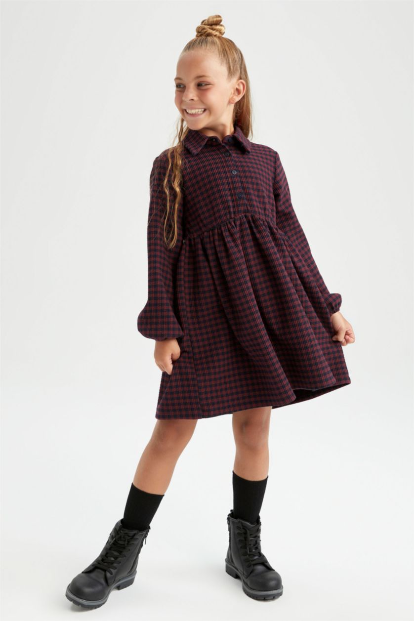 FILLES Bordeaux Robe à carreaux et col polo à manches longues pour fille