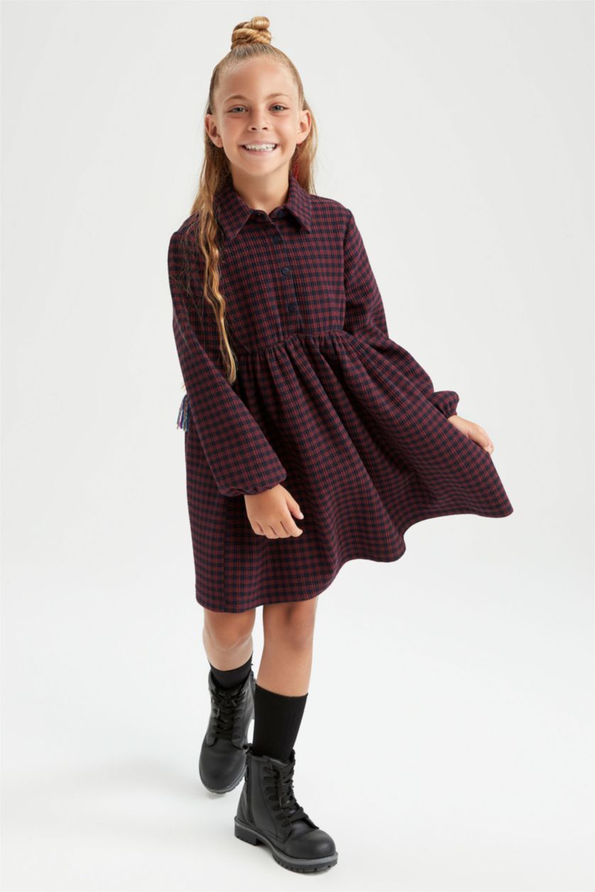 FILLES Bordeaux Robe à carreaux et col polo à manches longues pour fille