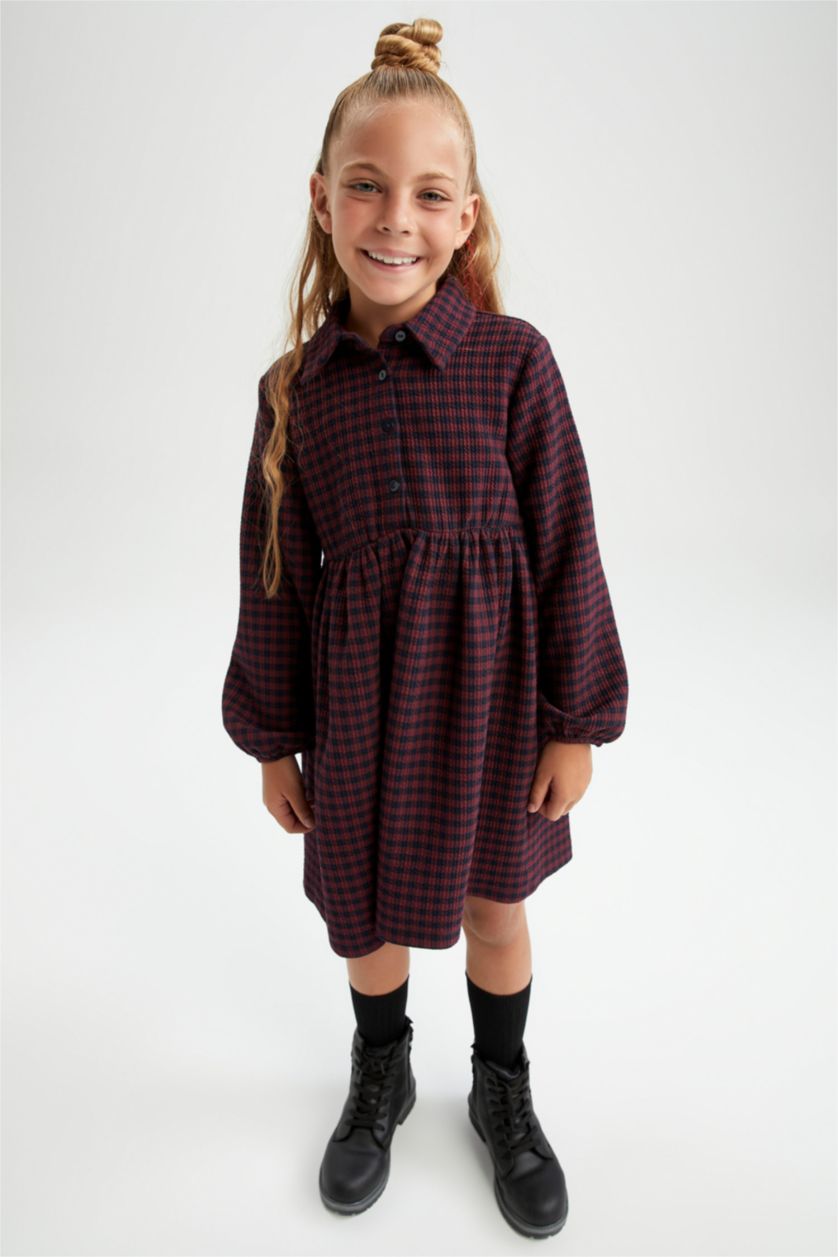 FILLES Bordeaux Robe à carreaux et col polo à manches longues pour fille