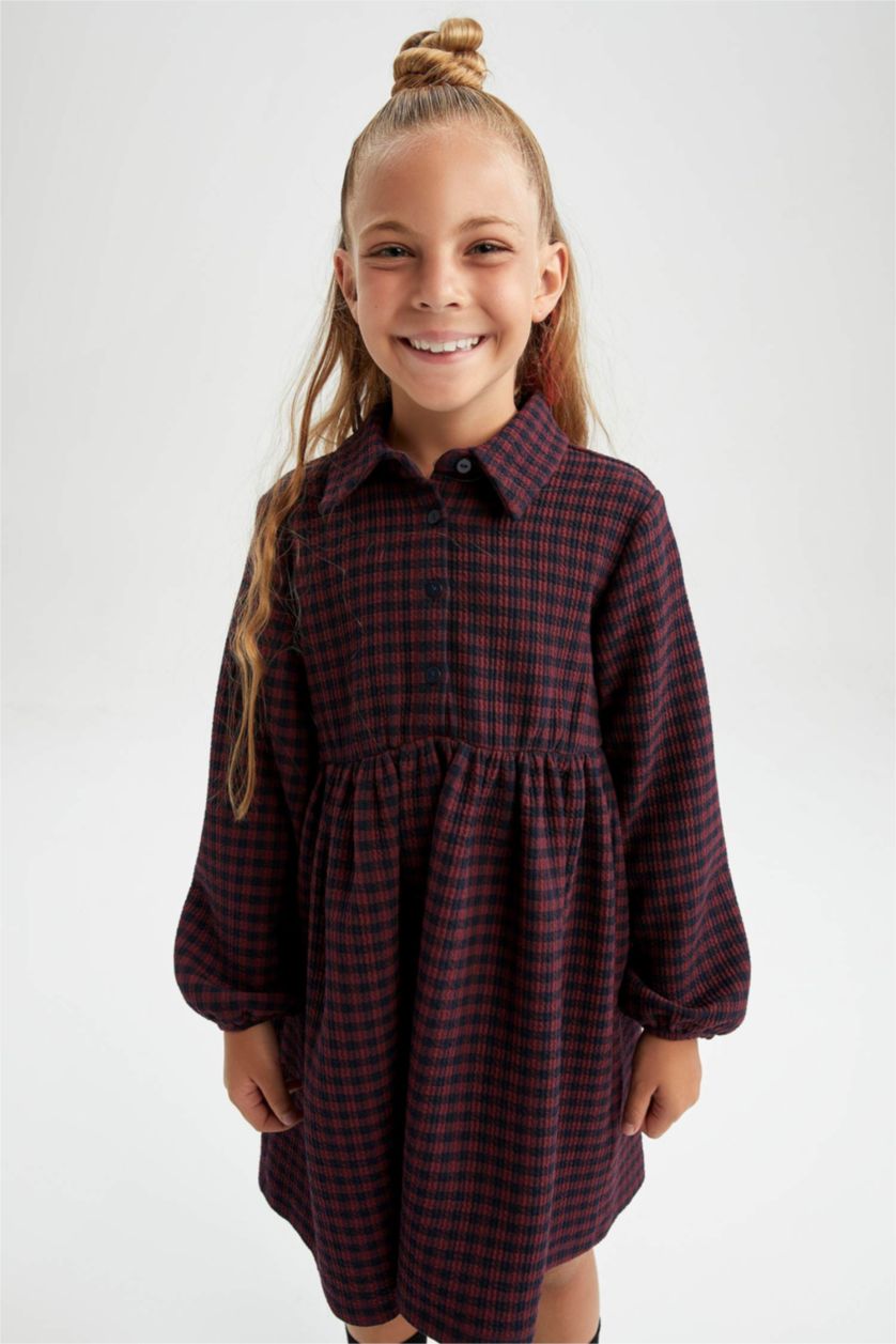 FILLES Bordeaux Robe à carreaux et col polo à manches longues pour fille