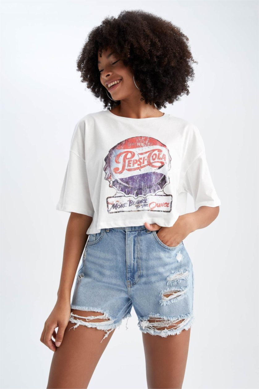 نساء اوف وايت تي شيرت نص كم مطبوع اوفر سايز بياقة مستديرة من بيبسي