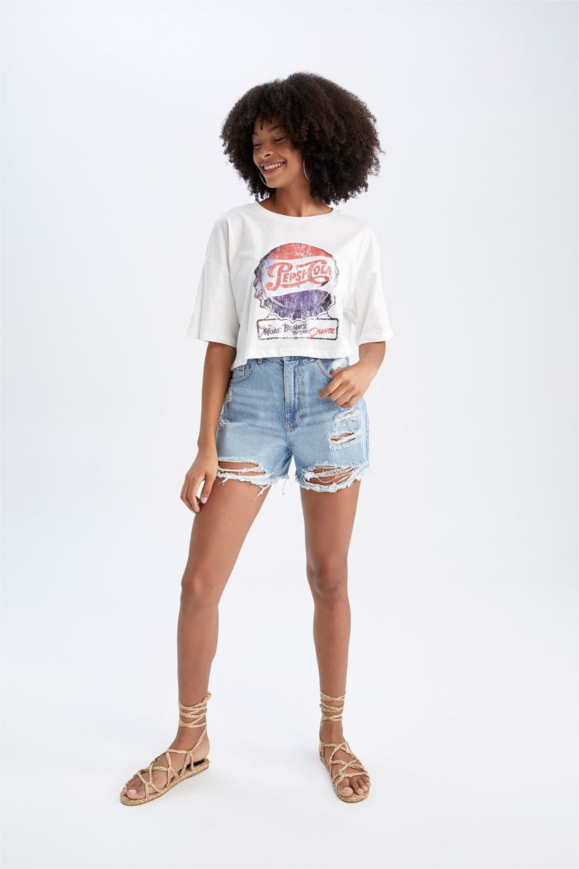 نساء اوف وايت تي شيرت نص كم مطبوع اوفر سايز بياقة مستديرة من بيبسي