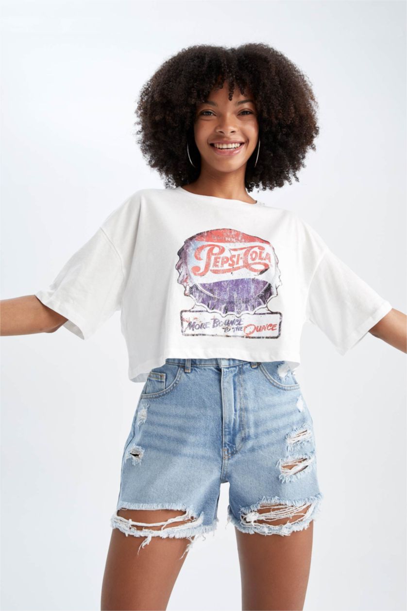 نساء اوف وايت تي شيرت نص كم مطبوع اوفر سايز بياقة مستديرة من بيبسي