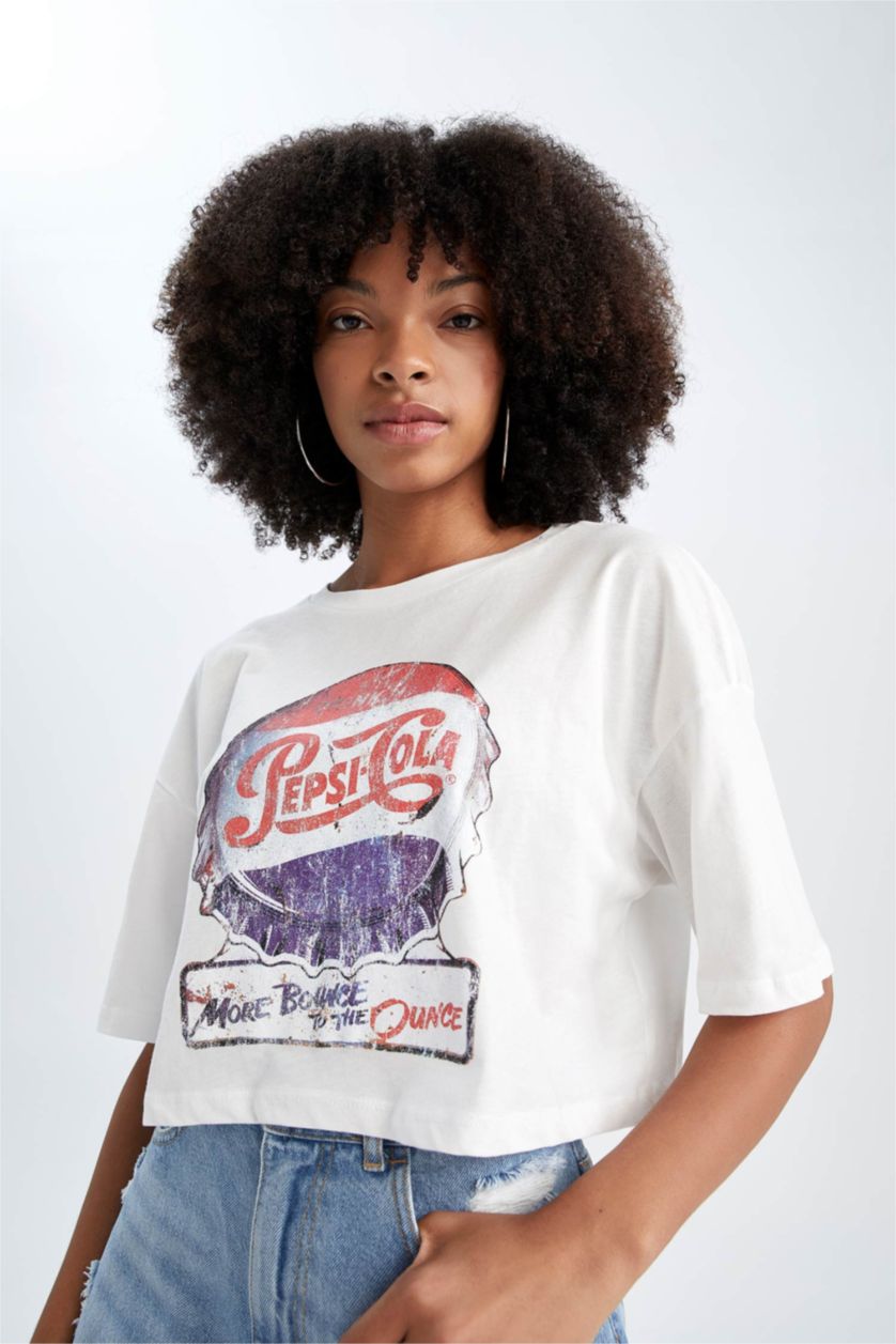 نساء اوف وايت تي شيرت نص كم مطبوع اوفر سايز بياقة مستديرة من بيبسي