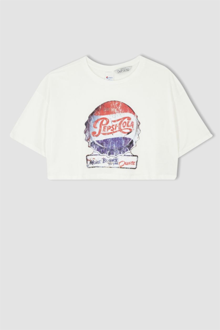 نساء اوف وايت تي شيرت نص كم مطبوع اوفر سايز بياقة مستديرة من بيبسي