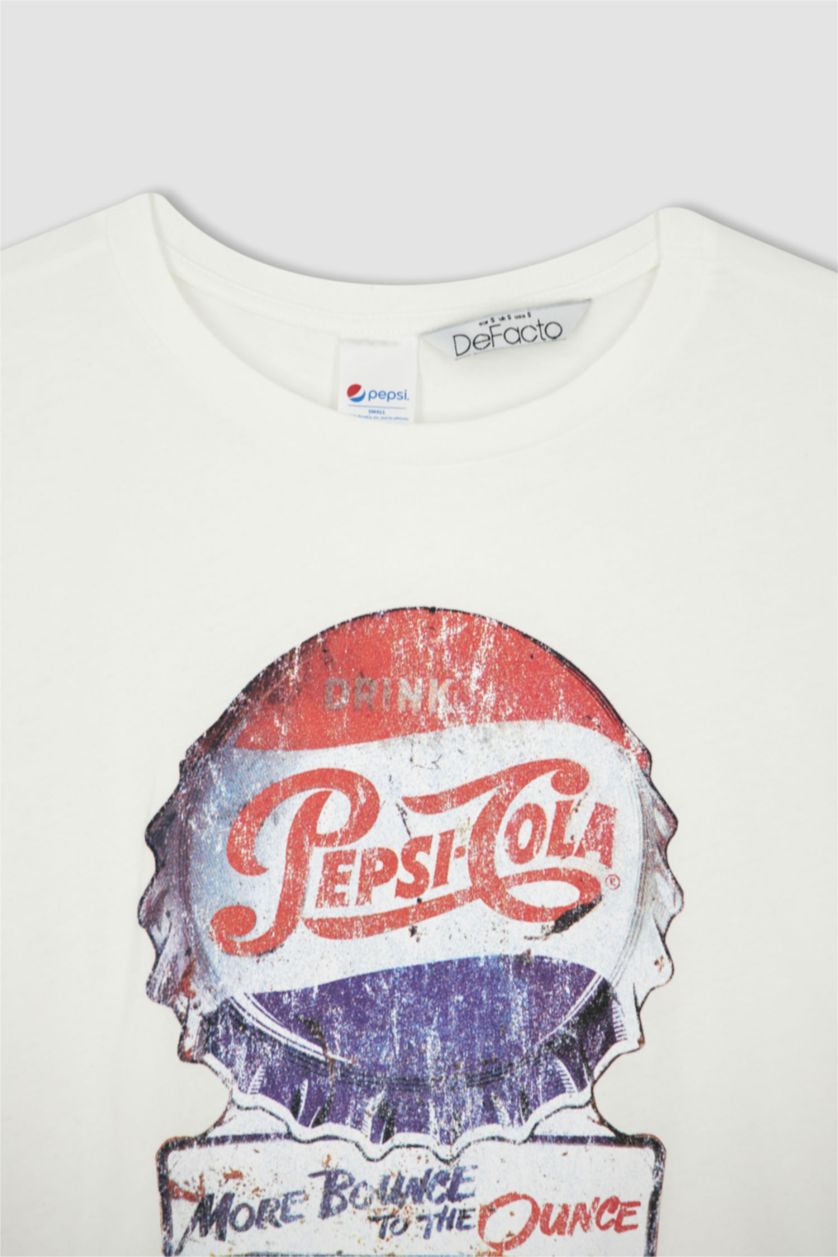 نساء اوف وايت تي شيرت نص كم مطبوع اوفر سايز بياقة مستديرة من بيبسي