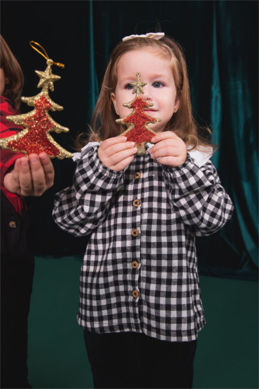 طفلة صغيرة أسود قميص كاروهات بناتي قصة عادية كم طويل برقبة كبيرة